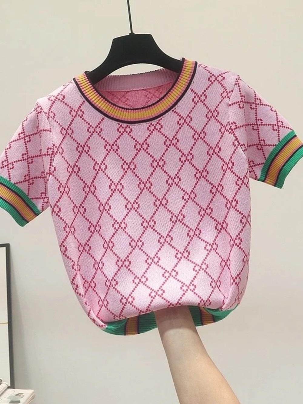 Pink Diamond Pattern Knit Short Sleeve Sweater